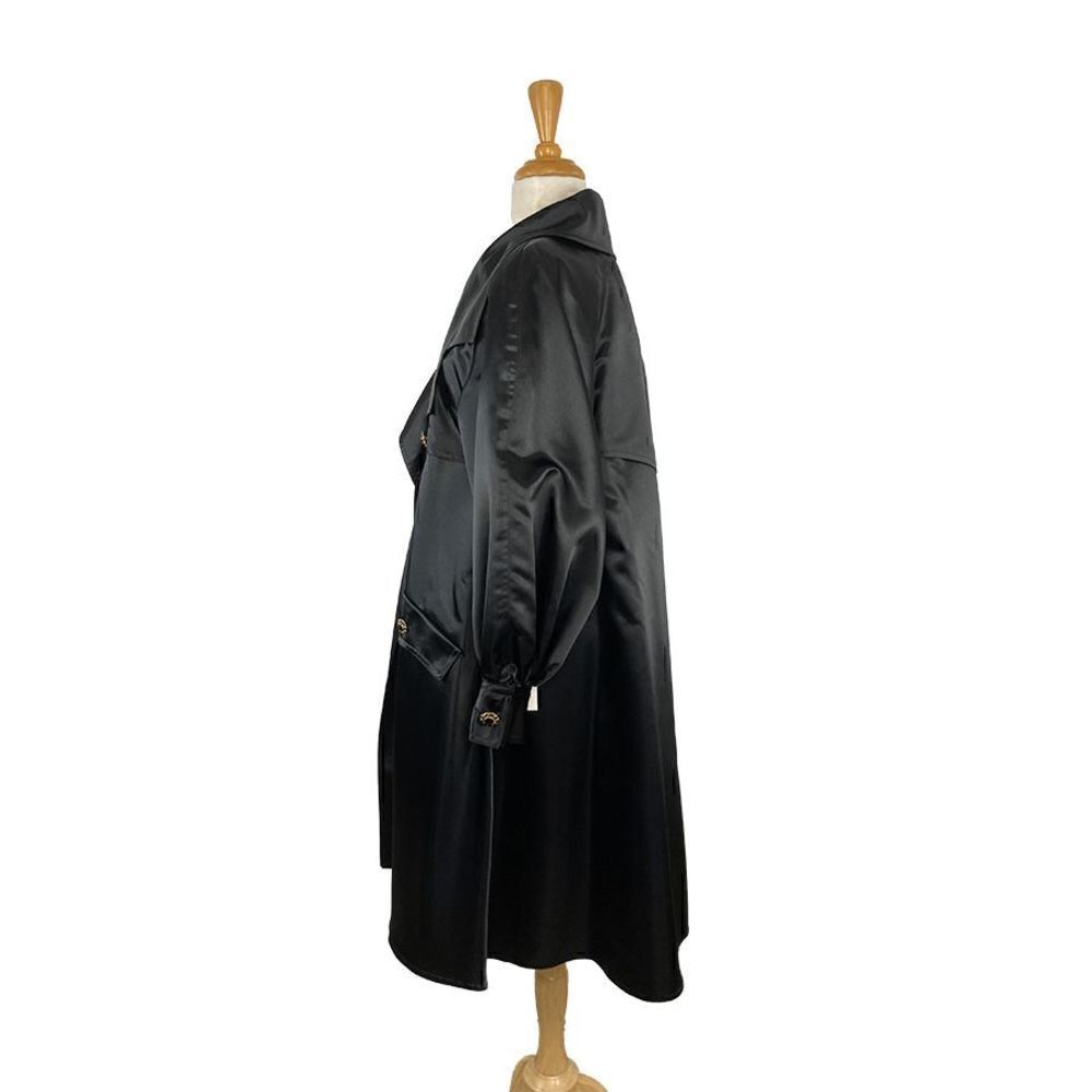 A.J. Bari S Black Satin Trench Coat 1 FLAW Deadstock 80s Puffed Sleeves Evening - Picture 8 of 12